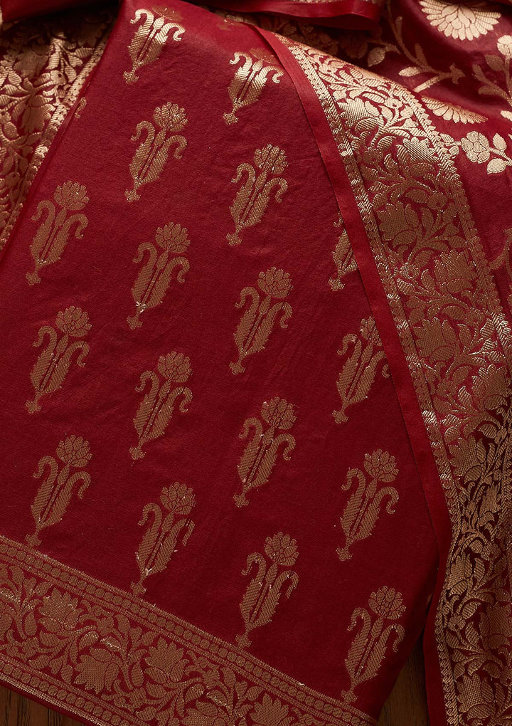Maroon Zariwork Banarasi Designer Unstitched Salwar Suit - Koskii