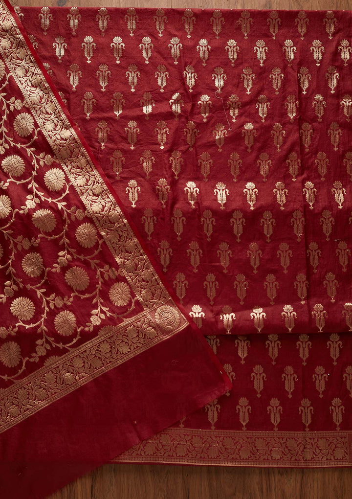Maroon Zariwork Banarasi Designer Unstitched Salwar Suit - Koskii