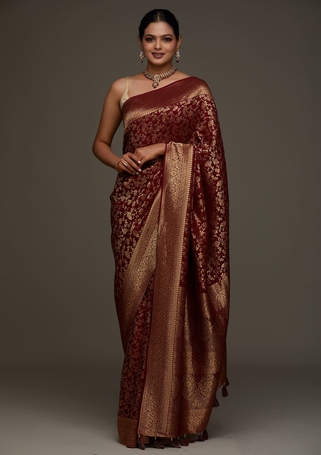 Maroon Zariwork Banarasi Designer Saree-Koskii