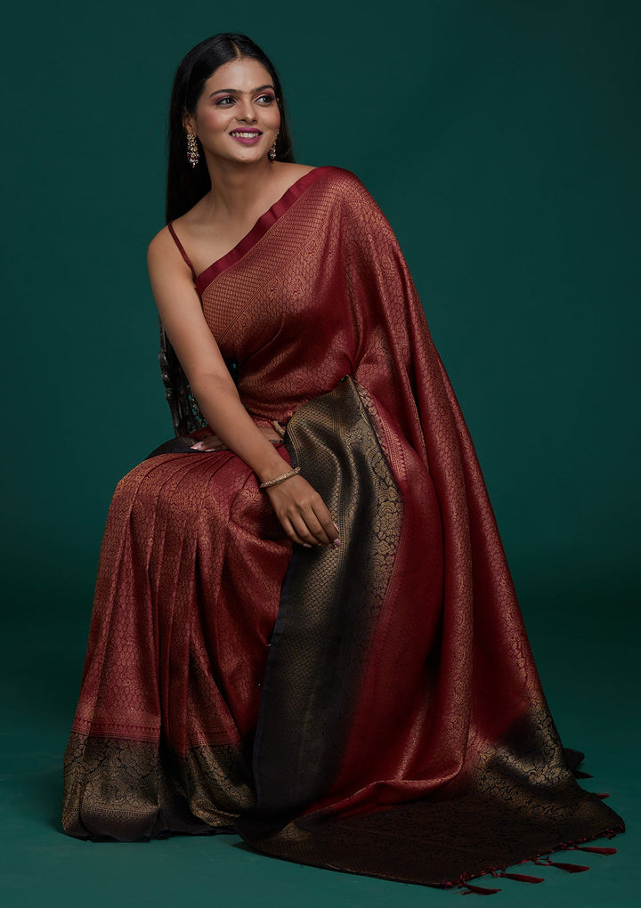Maroon Zariwork Brocade Saree - Koskii