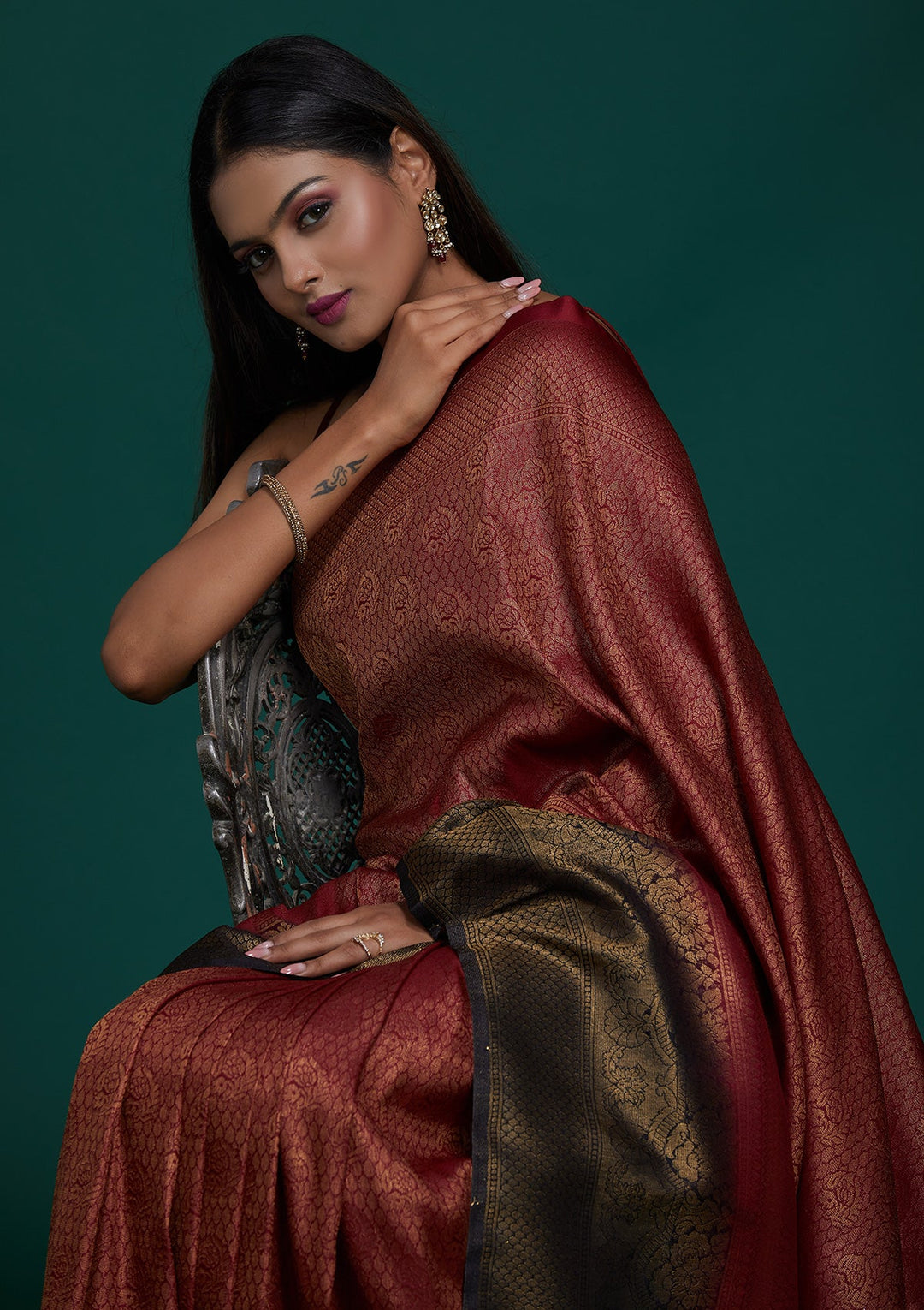 Maroon Zariwork Brocade Saree - Koskii