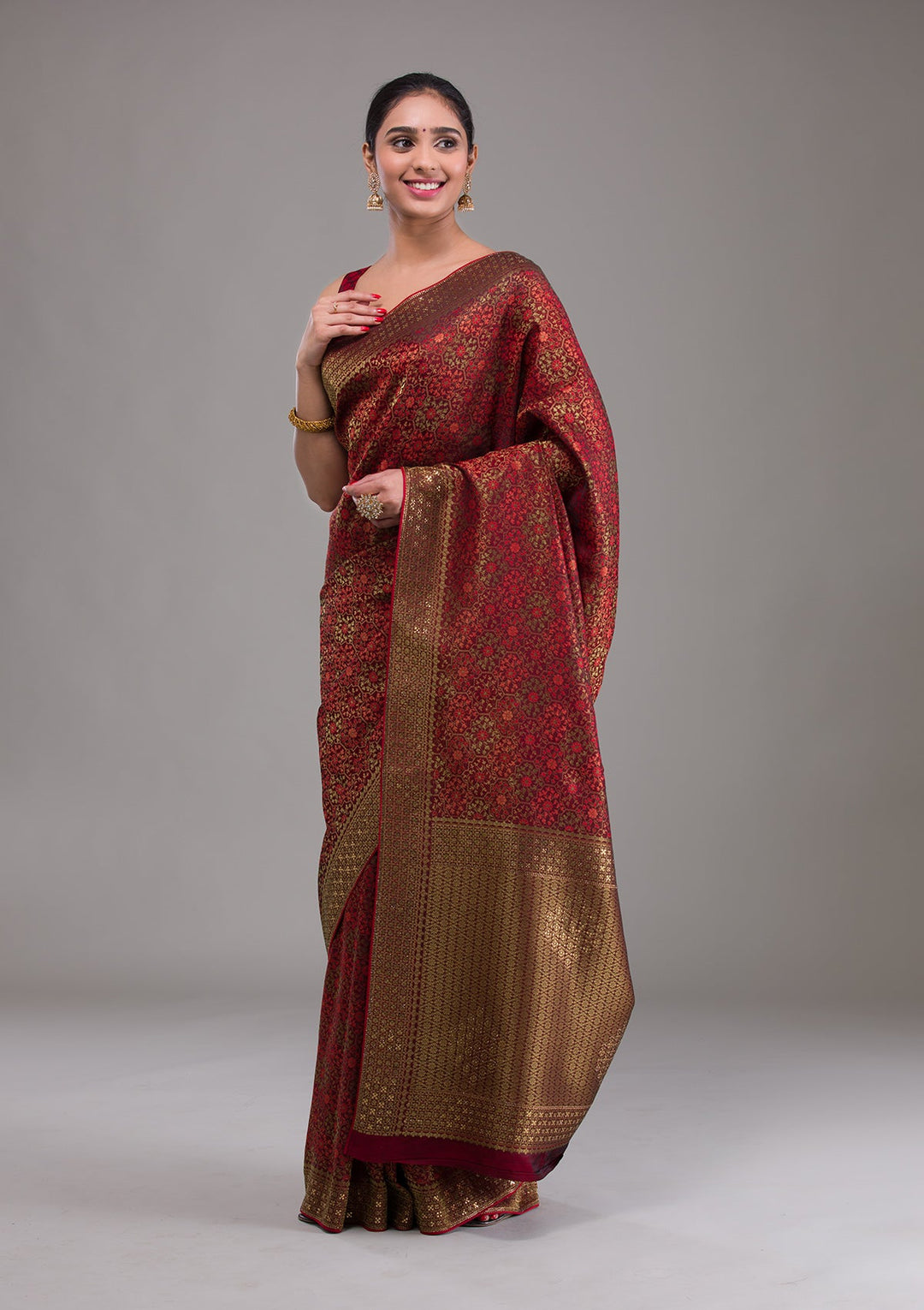 Maroon Zariwork Brocade Saree-Koskii