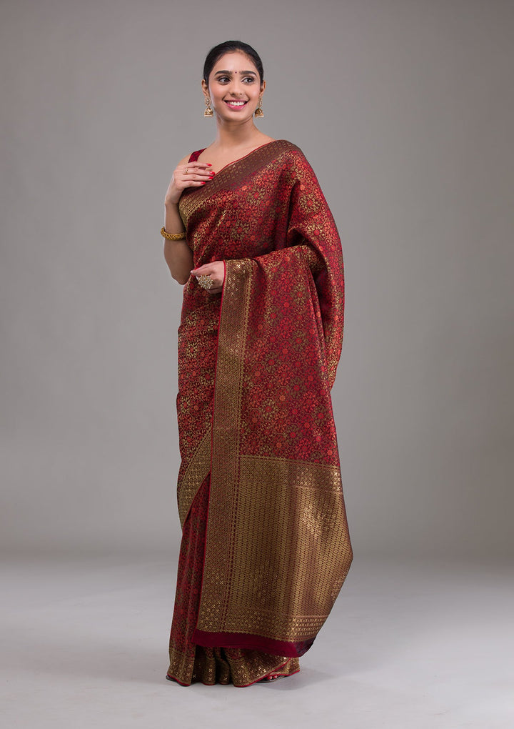 Maroon Zariwork Brocade Saree-Koskii