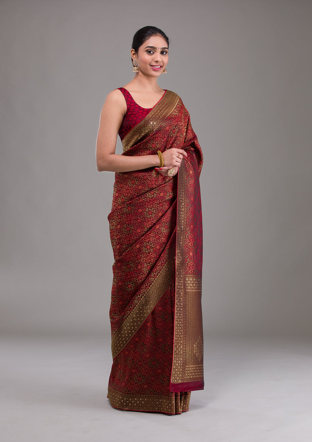Maroon Zariwork Brocade Saree-Koskii