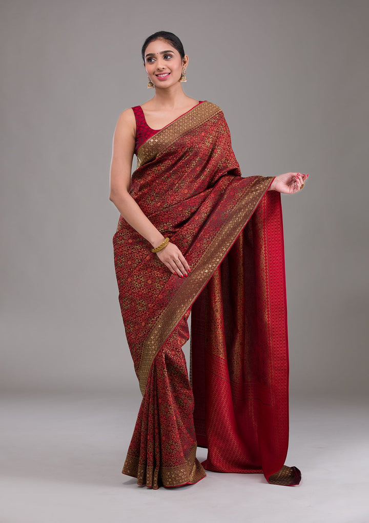 Maroon Zariwork Brocade Saree-Koskii