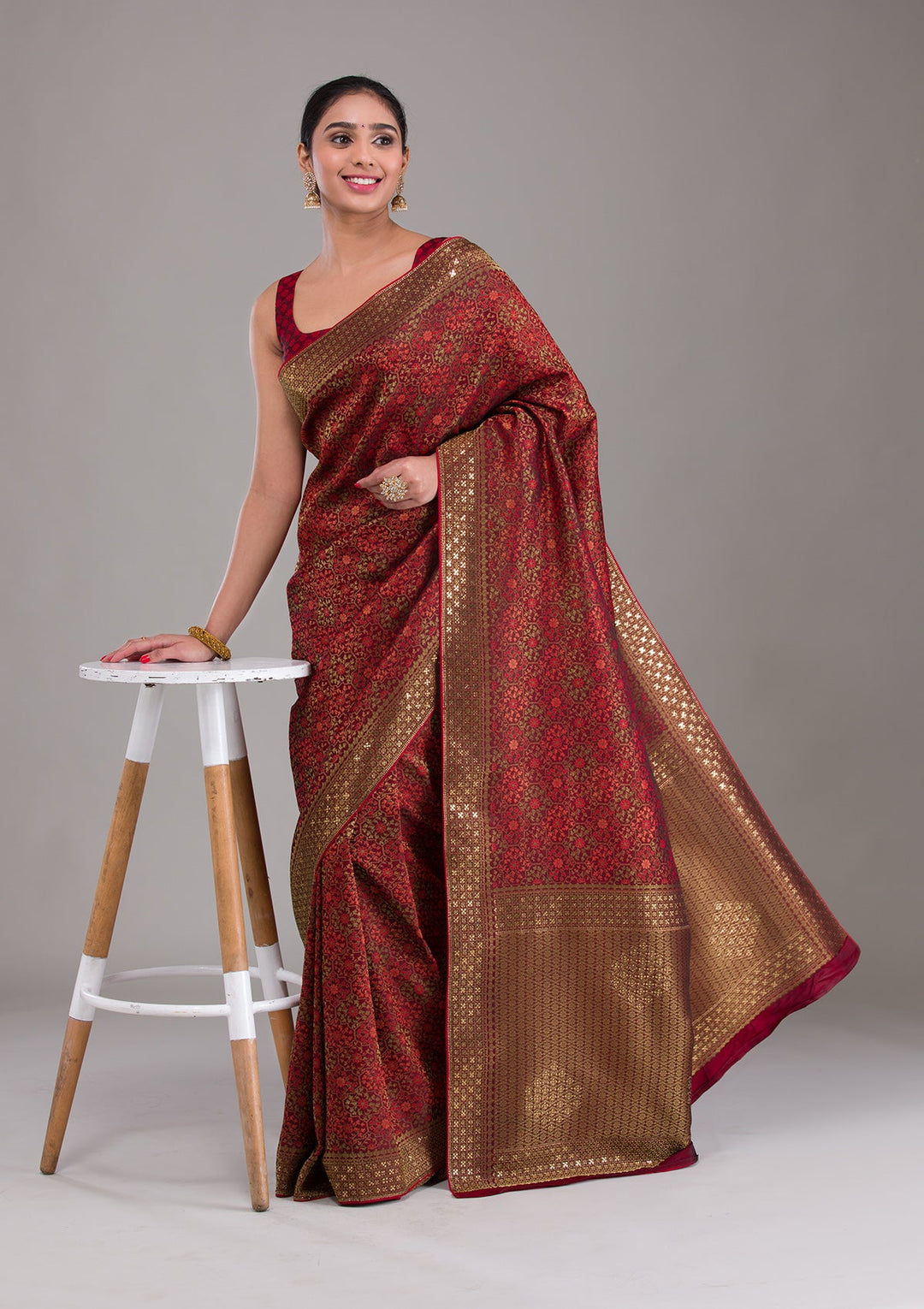 Maroon Zariwork Brocade Saree-Koskii