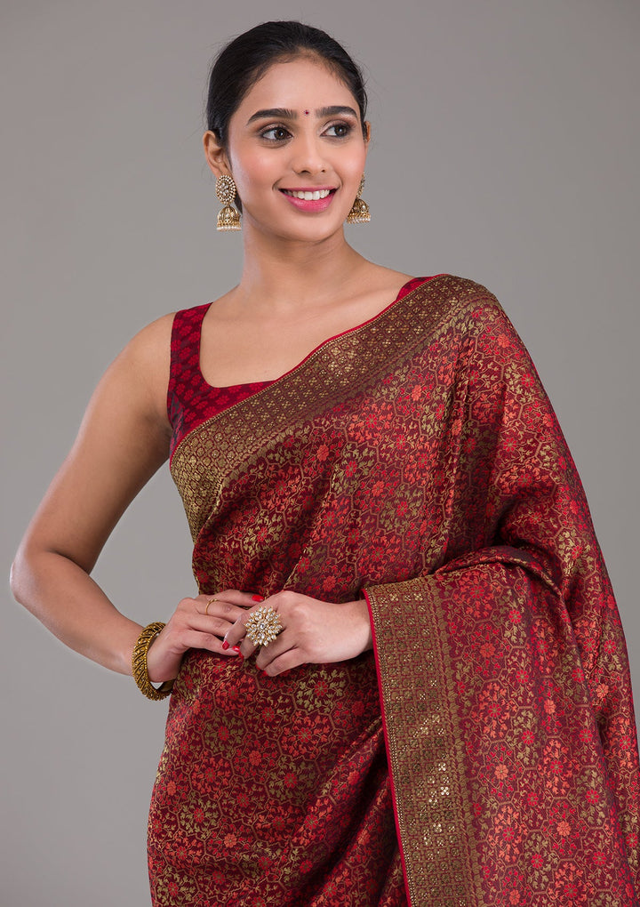 Maroon Zariwork Brocade Saree-Koskii