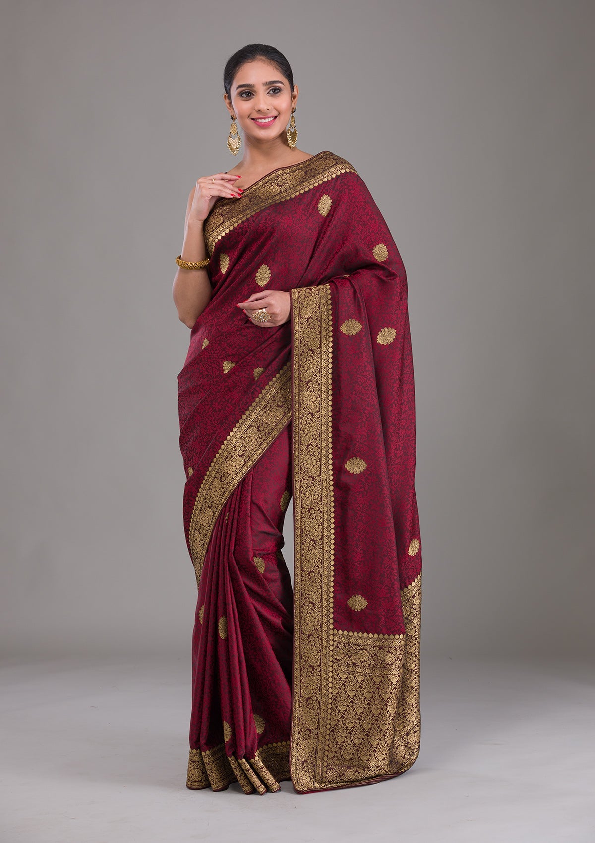 Maroon Zariwork Brocade Saree-Koskii