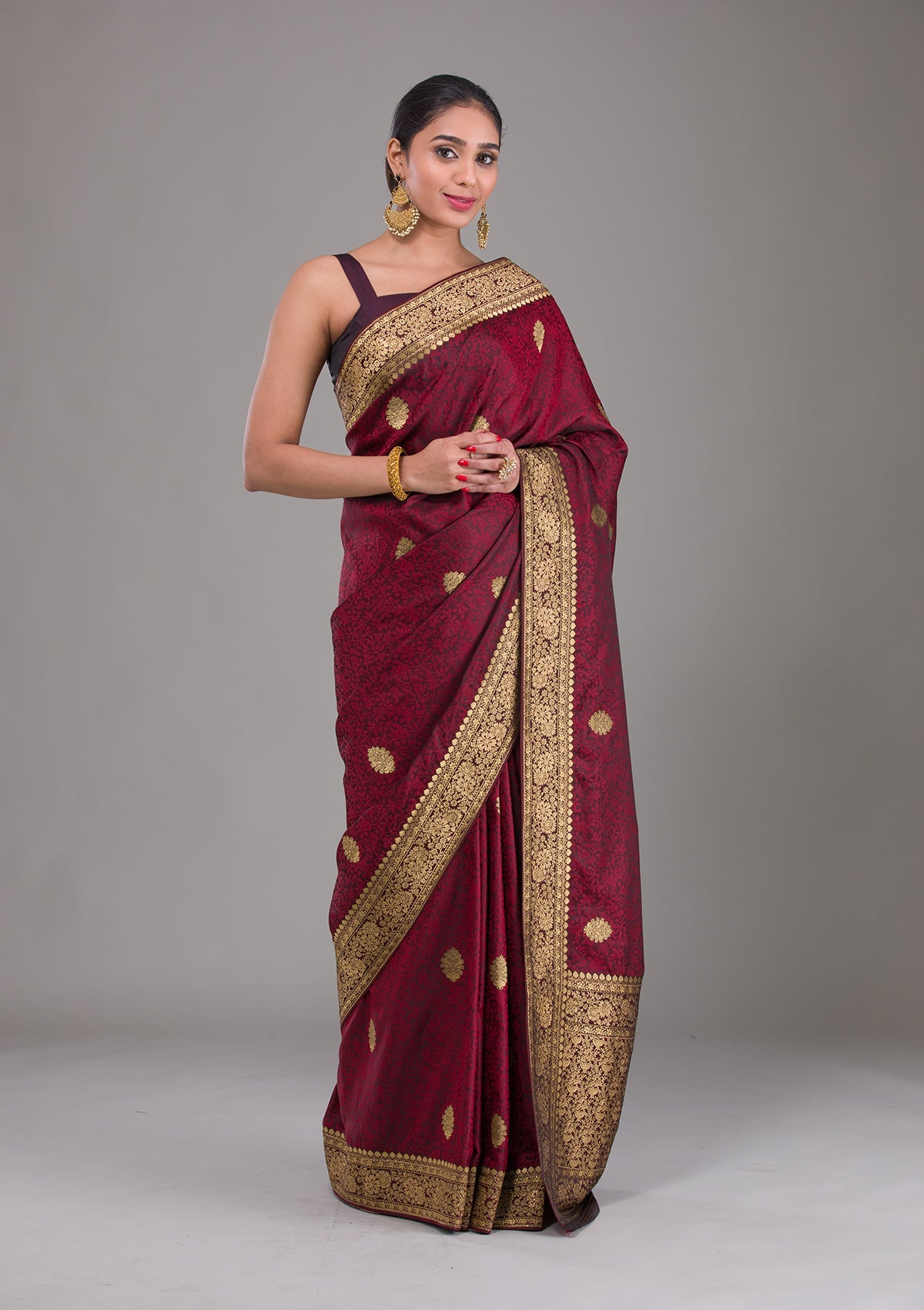 Maroon Zariwork Brocade Saree-Koskii