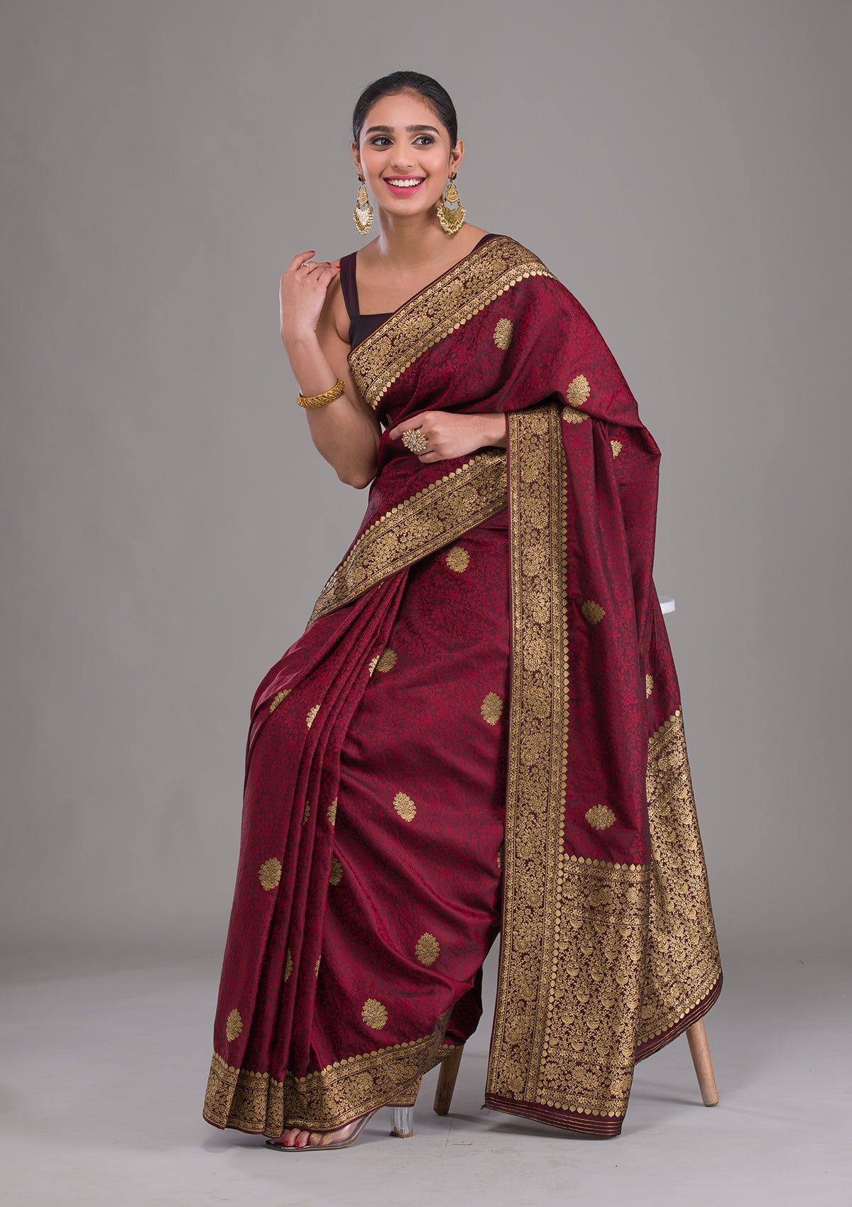 Maroon Zariwork Brocade Saree-Koskii