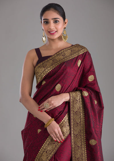 Maroon Zariwork Brocade Saree-Koskii