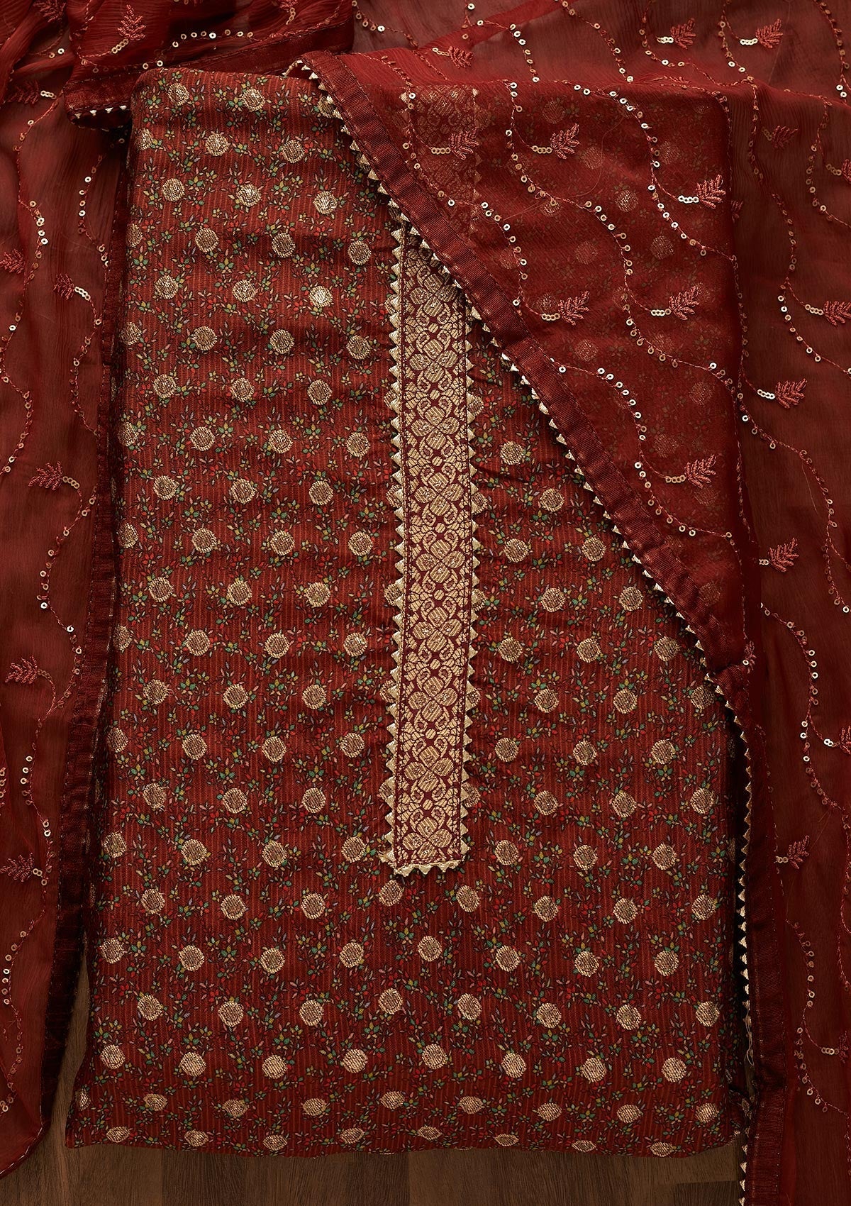 Maroon Zariwork Chanderi Semi-Stitched Salwar Suit-Koskii