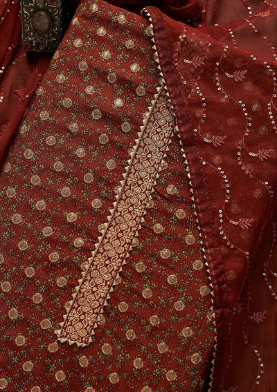 Maroon Zariwork Chanderi Semi-Stitched Salwar Suit-Koskii