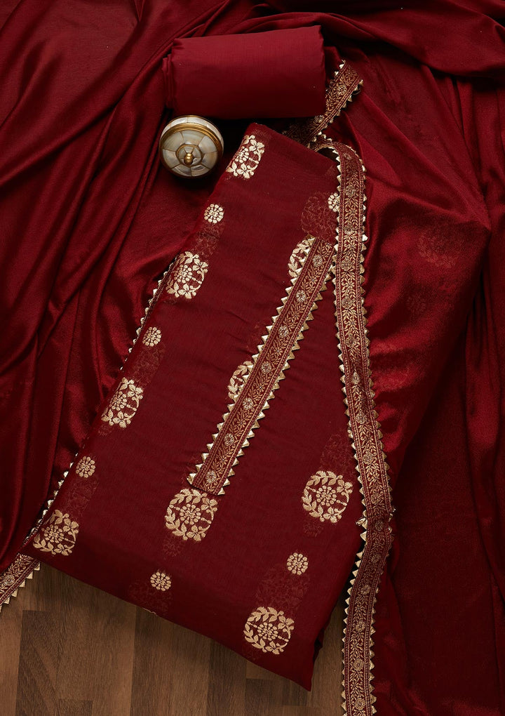 Maroon Zariwork Chanderi Semi-Stitched Salwar Suit-Koskii
