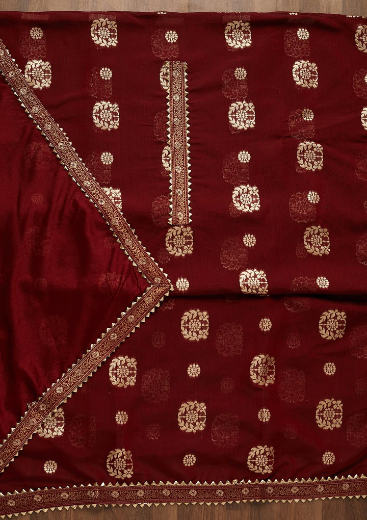 Maroon Zariwork Chanderi Semi-Stitched Salwar Suit-Koskii