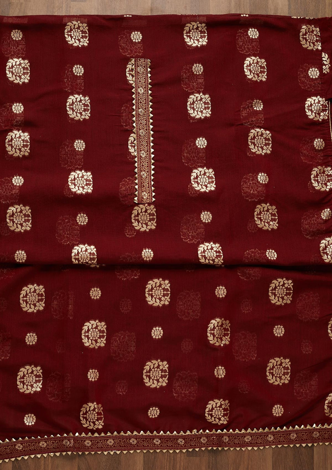 Maroon Zariwork Chanderi Semi-Stitched Salwar Suit-Koskii