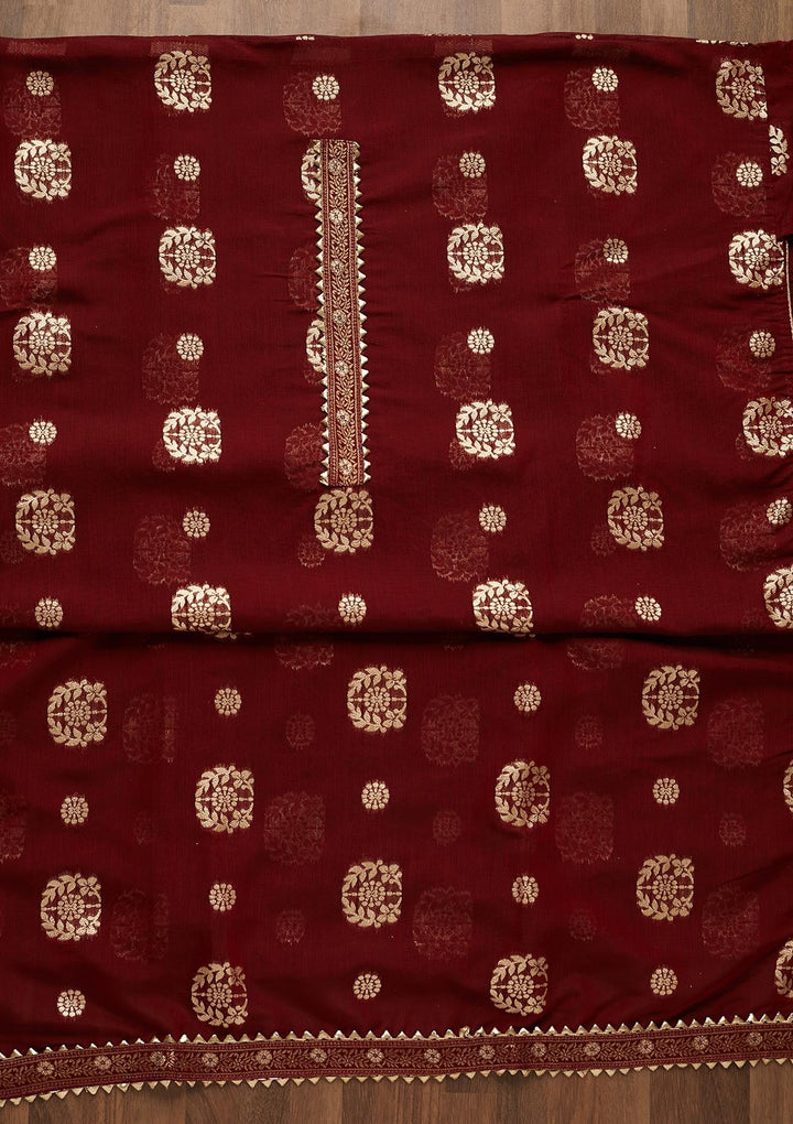 Maroon Zariwork Chanderi Semi-Stitched Salwar Suit-Koskii