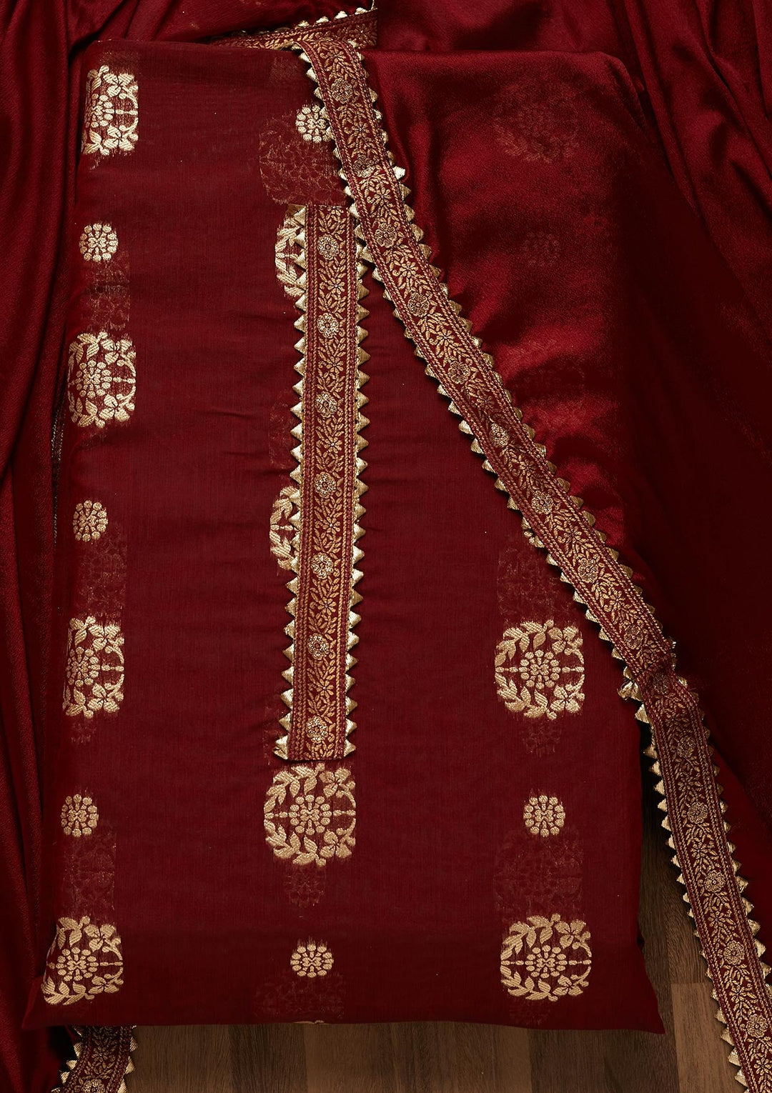 Maroon Zariwork Chanderi Semi-Stitched Salwar Suit-Koskii