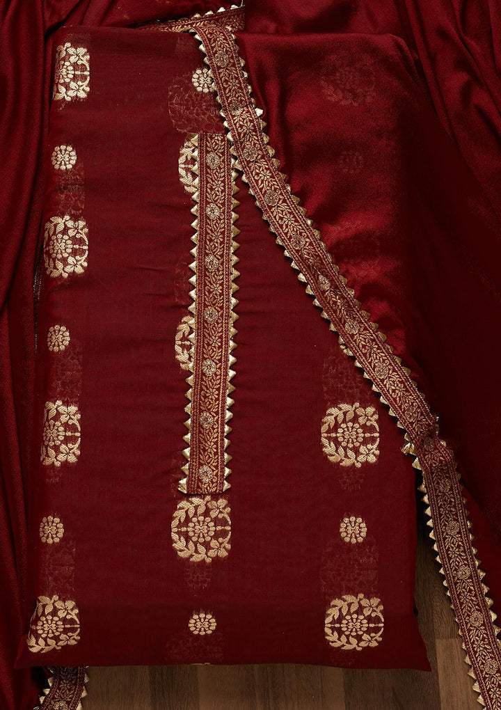 Maroon Zariwork Chanderi Semi-Stitched Salwar Suit-Koskii