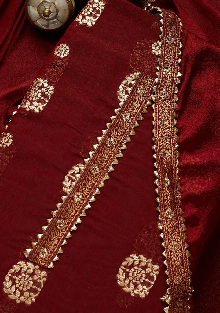 Maroon Zariwork Chanderi Semi-Stitched Salwar Suit-Koskii