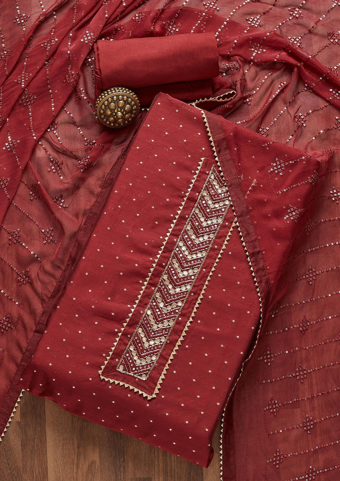 Maroon Zariwork Chanderi Unstitched Salwar Suit- Koskii