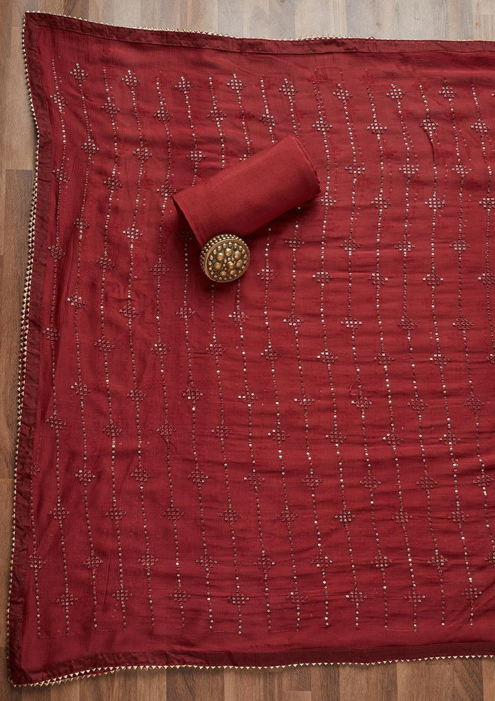 Maroon Zariwork Chanderi Unstitched Salwar Suit - Koskii