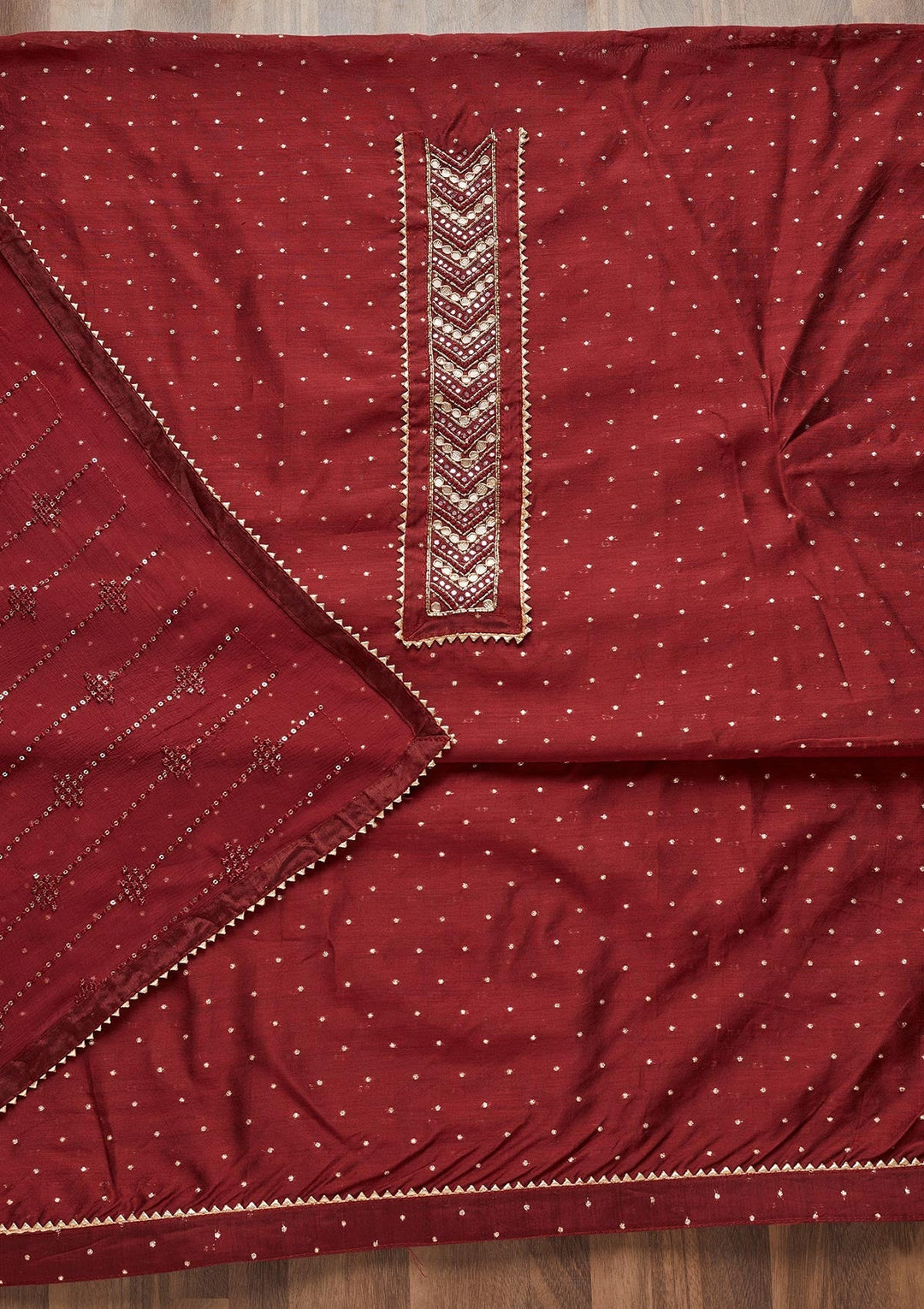 Maroon Zariwork Chanderi Unstitched Salwar Suit - Koskii