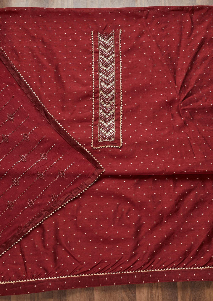 Maroon Zariwork Chanderi Unstitched Salwar Suit - Koskii