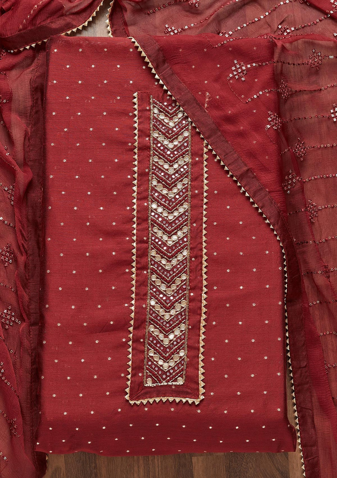 Maroon Zariwork Chanderi Unstitched Salwar Suit - Koskii