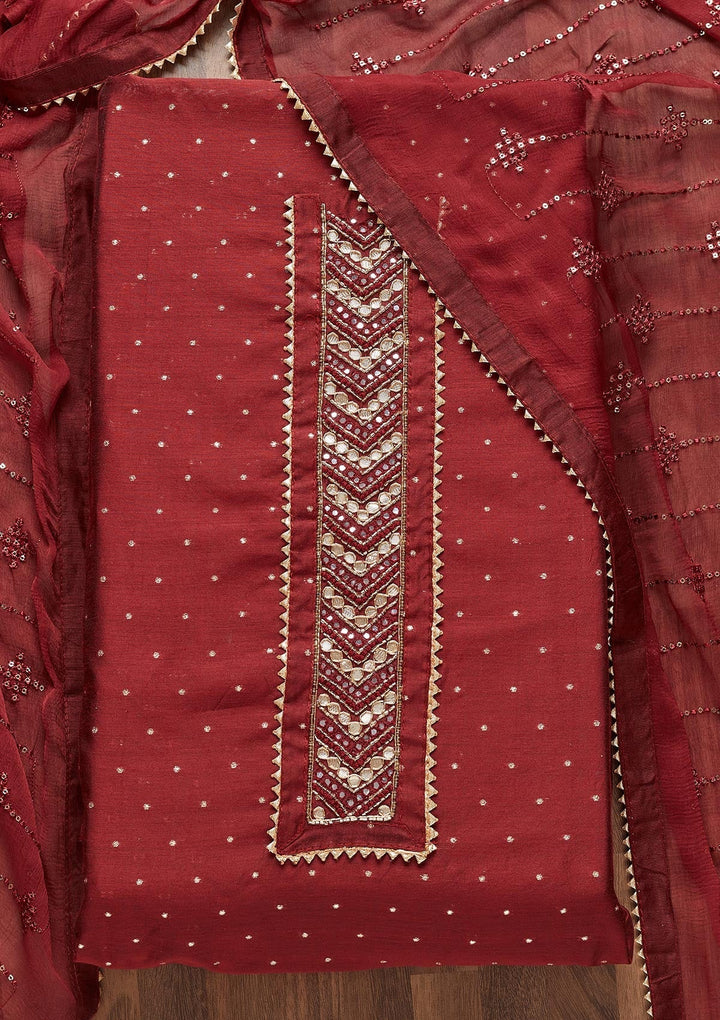 Maroon Zariwork Chanderi Unstitched Salwar Suit - Koskii