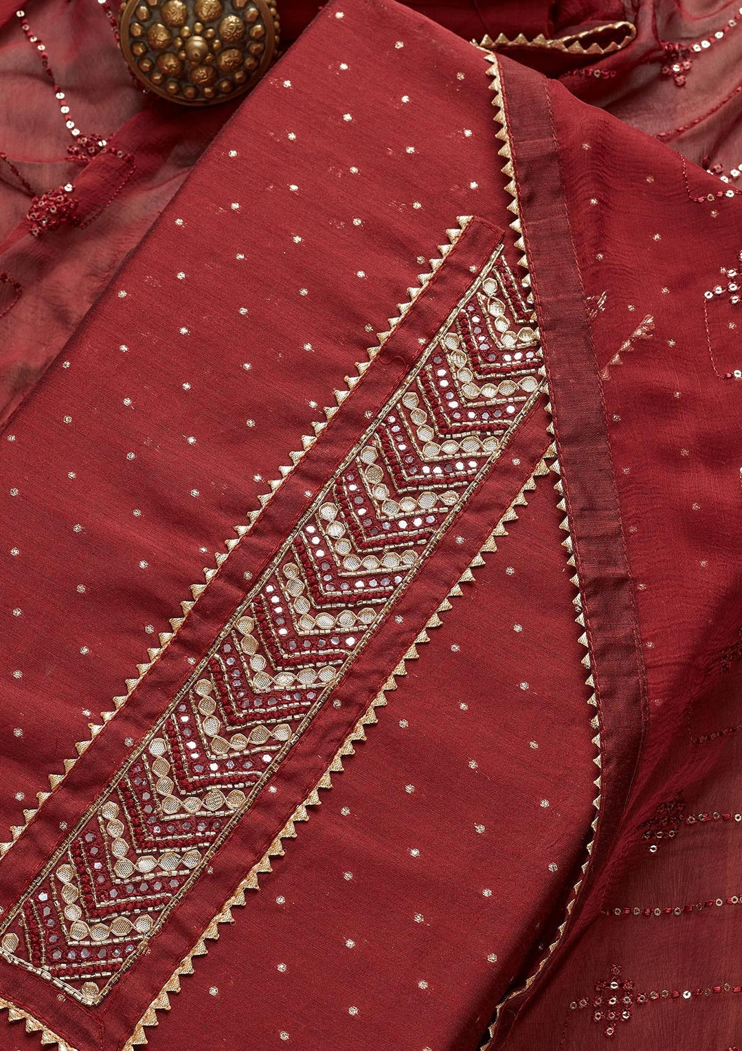 Maroon Zariwork Chanderi Unstitched Salwar Suit - Koskii
