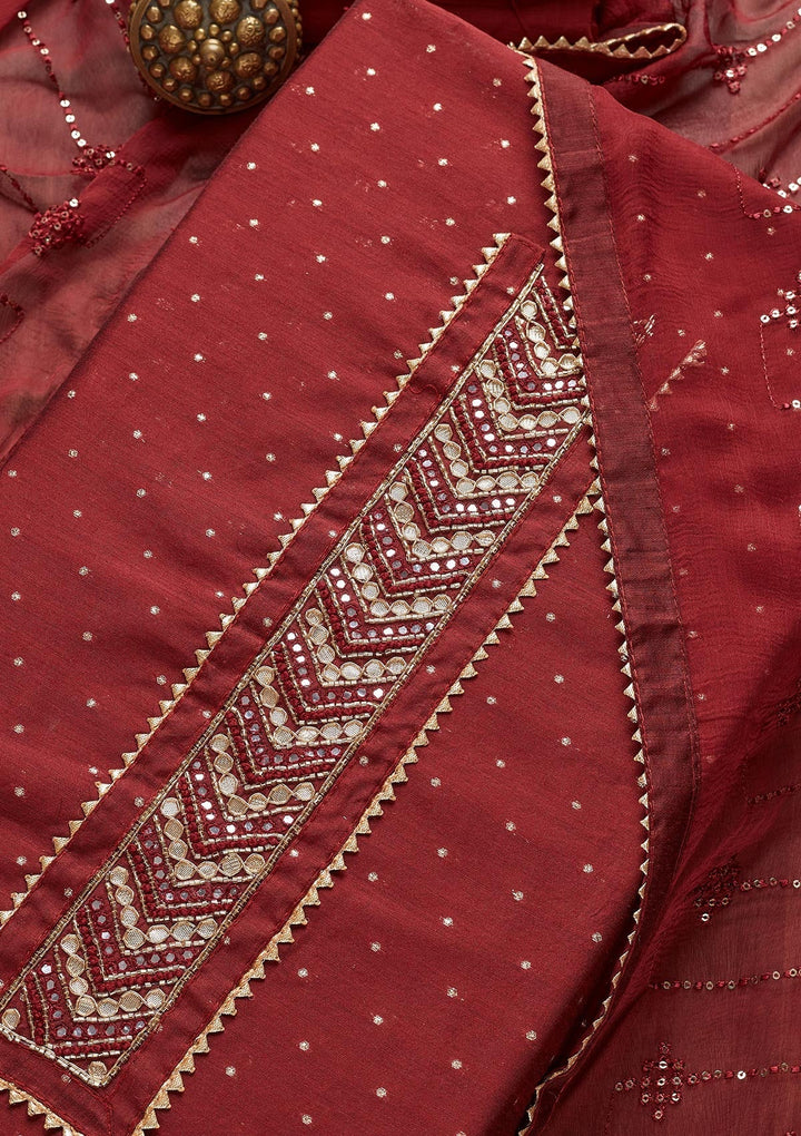 Maroon Zariwork Chanderi Unstitched Salwar Suit - Koskii