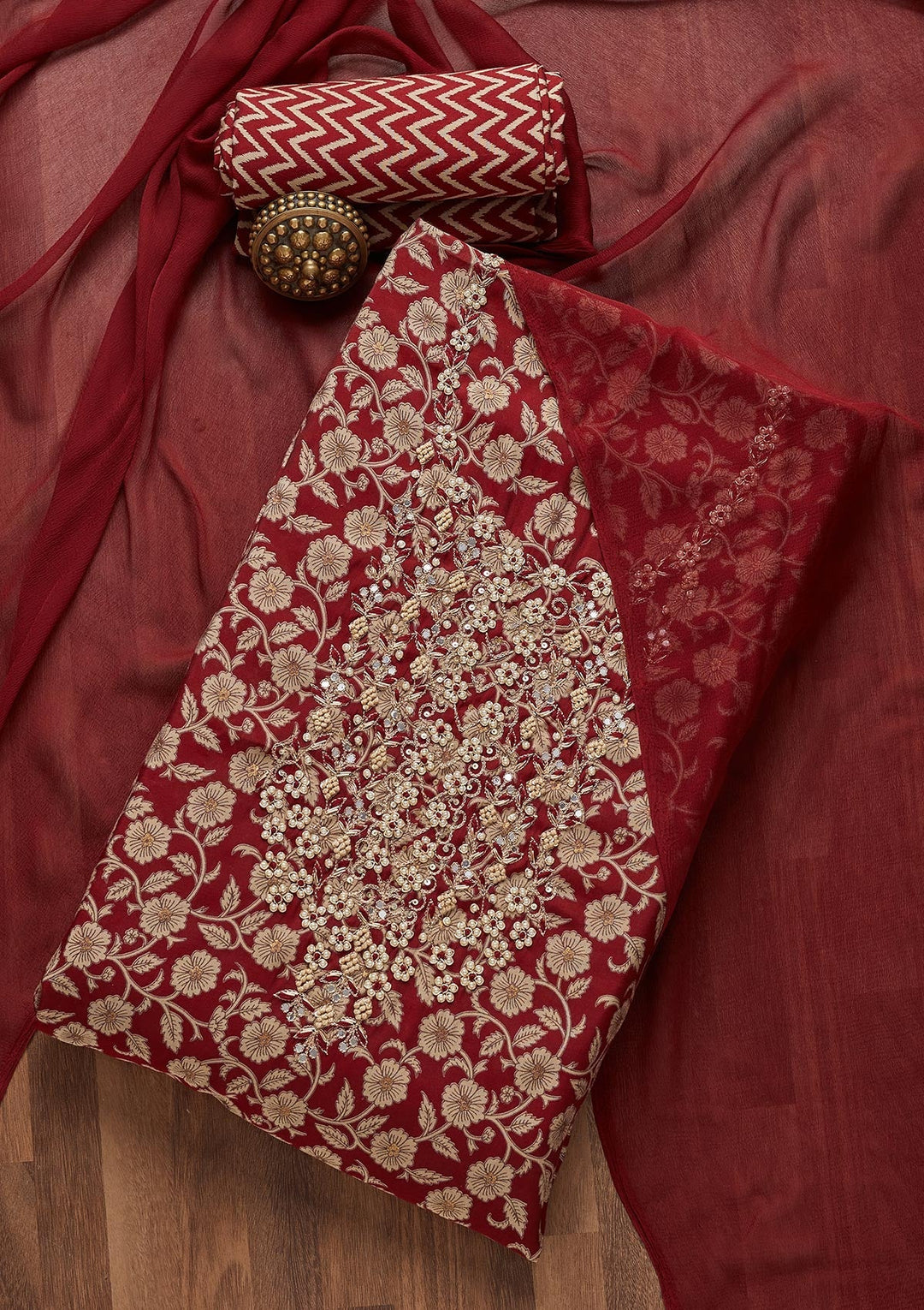 Maroon Zariwork Chanderi Unstitched Salwar Suit- Koskii