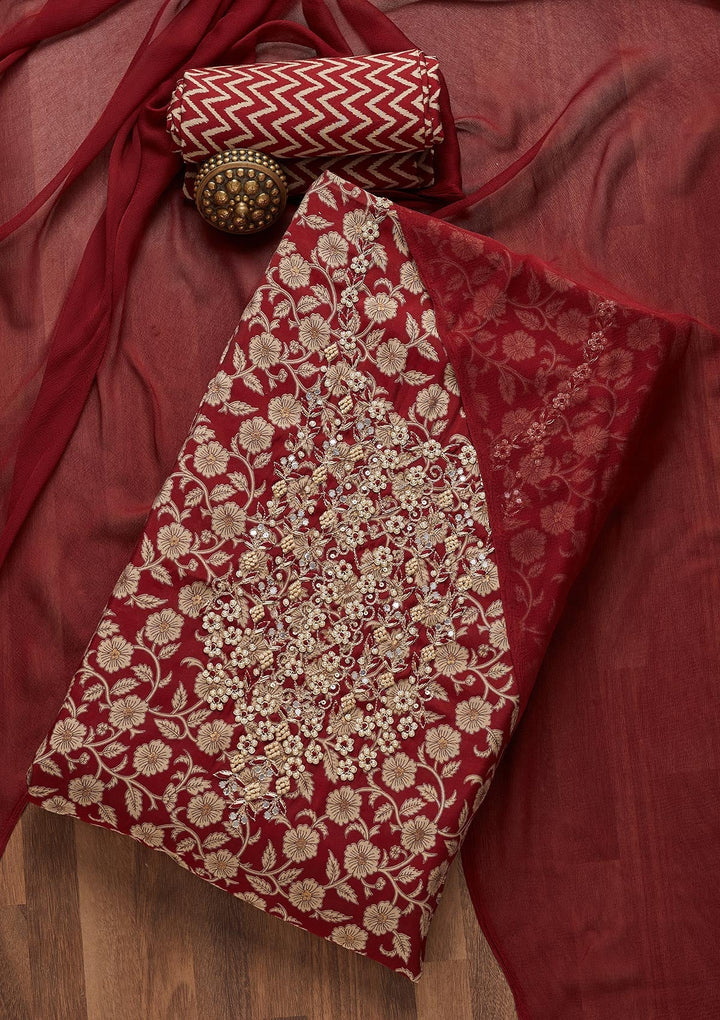 Maroon Zariwork Chanderi Unstitched Salwar Suit- Koskii