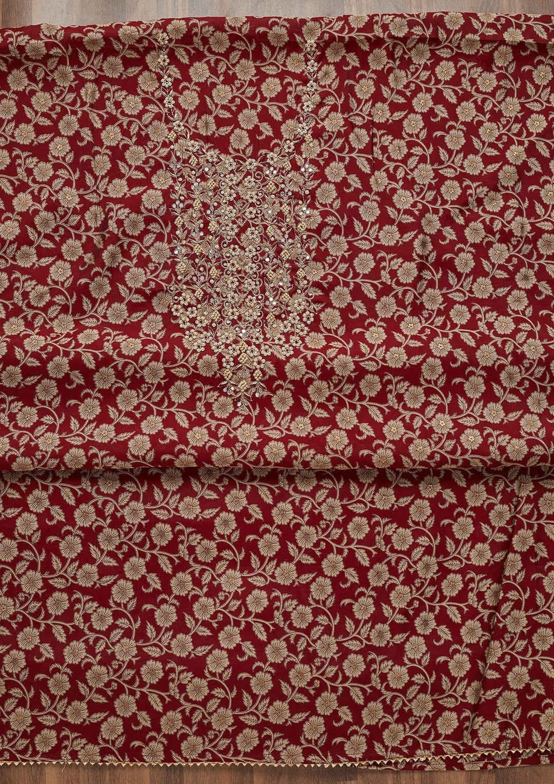 Maroon Zariwork Chanderi Unstitched Salwar Suit - Koskii
