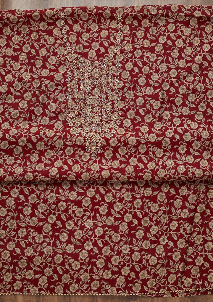 Maroon Zariwork Chanderi Unstitched Salwar Suit - Koskii
