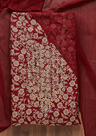 Maroon Zariwork Chanderi Unstitched Salwar Suit - Koskii