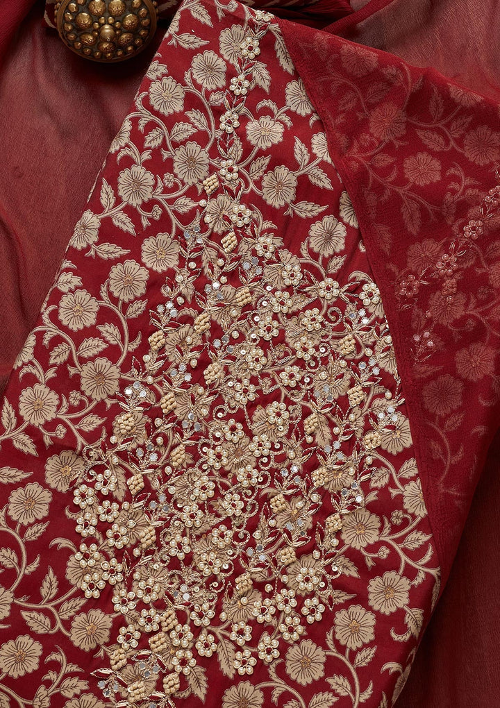 Maroon Zariwork Chanderi Unstitched Salwar Suit - Koskii