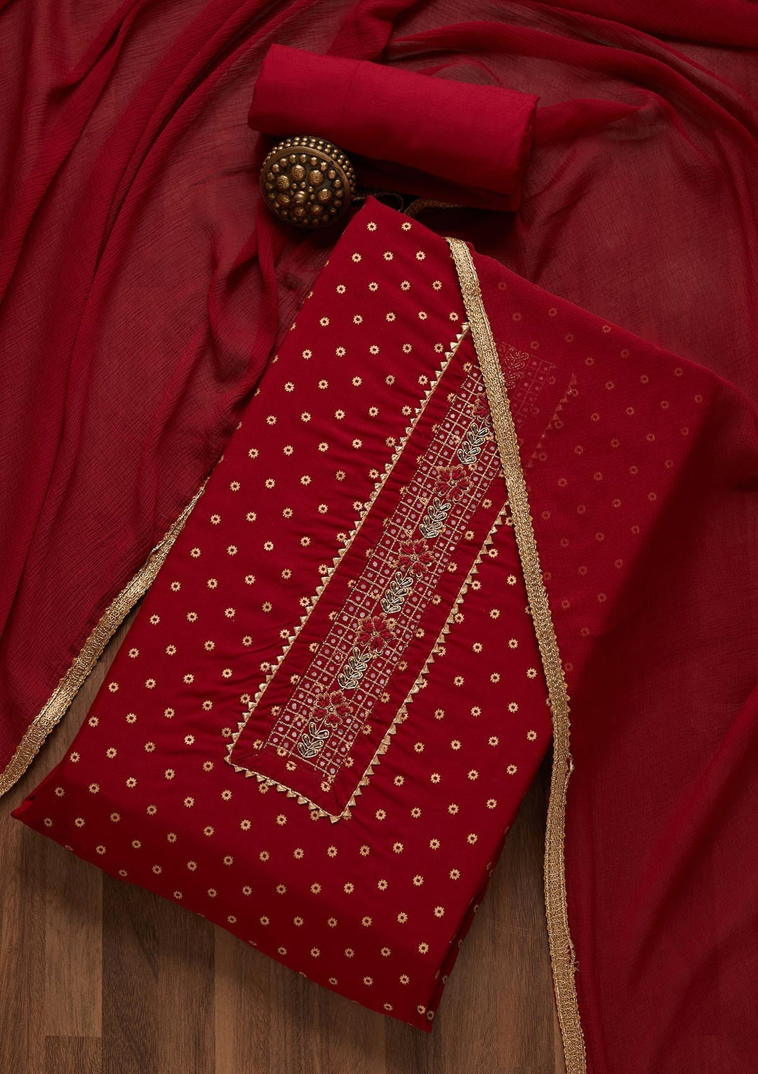 Maroon Zariwork Chanderi Unstitched Salwar Suit- Koskii