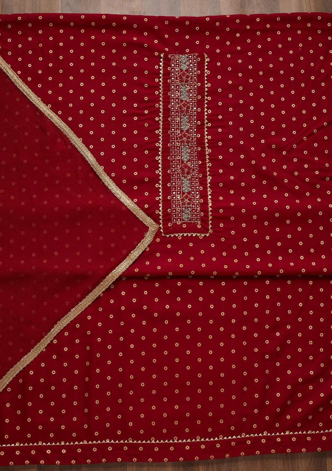 Maroon Zariwork Chanderi Unstitched Salwar Suit - Koskii