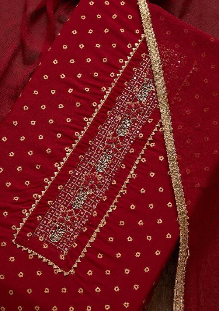 Maroon Zariwork Chanderi Unstitched Salwar Suit - Koskii