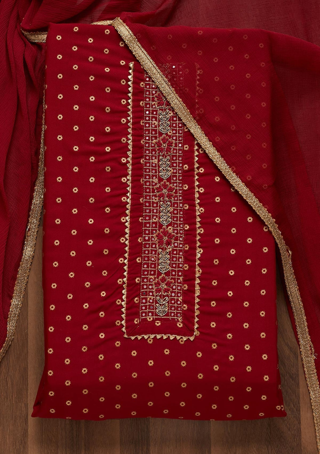 Maroon Zariwork Chanderi Unstitched Salwar Suit - Koskii