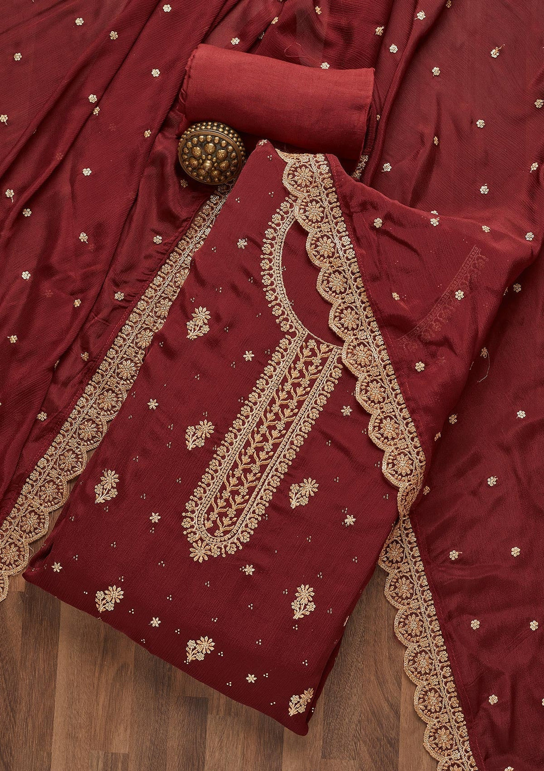 Maroon Zariwork Chiffon Unstitched Salwar Suit- Koskii