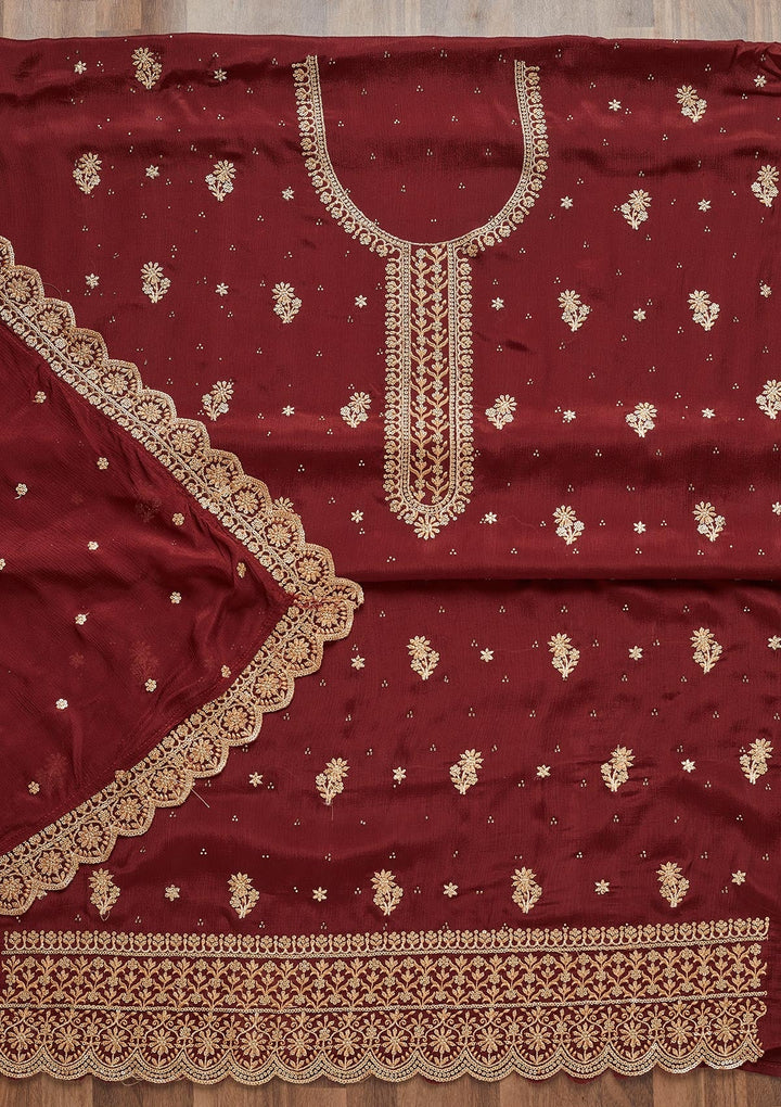Maroon Zariwork Chiffon Unstitched Salwar Suit - Koskii