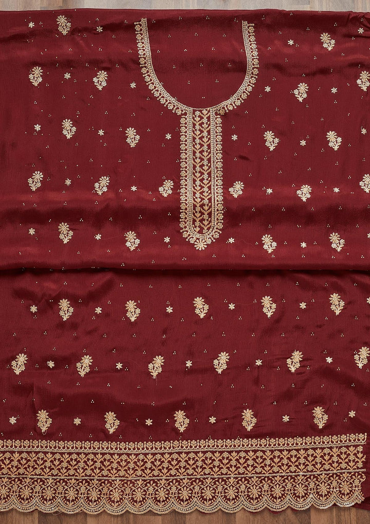 Maroon Zariwork Chiffon Unstitched Salwar Suit - Koskii