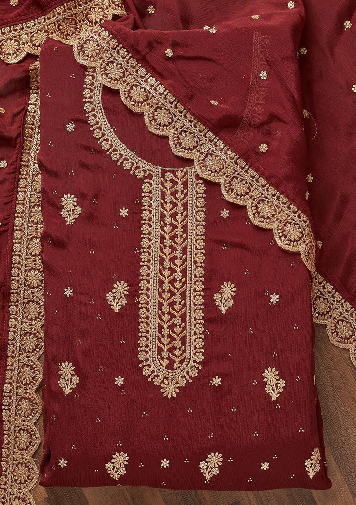 Maroon Zariwork Chiffon Unstitched Salwar Suit - Koskii