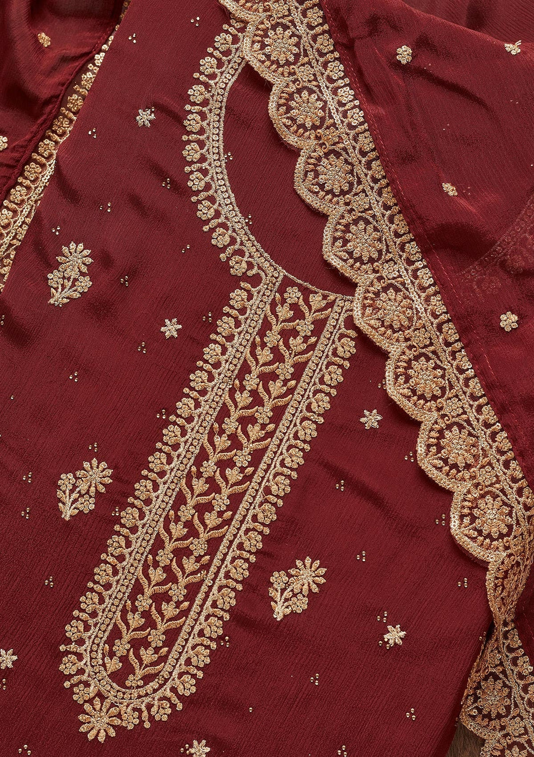 Maroon Zariwork Chiffon Unstitched Salwar Suit - Koskii