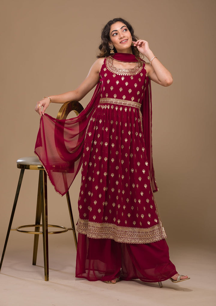 Maroon Zariwork Georgette Readymade Salwar Kameez-Koskii