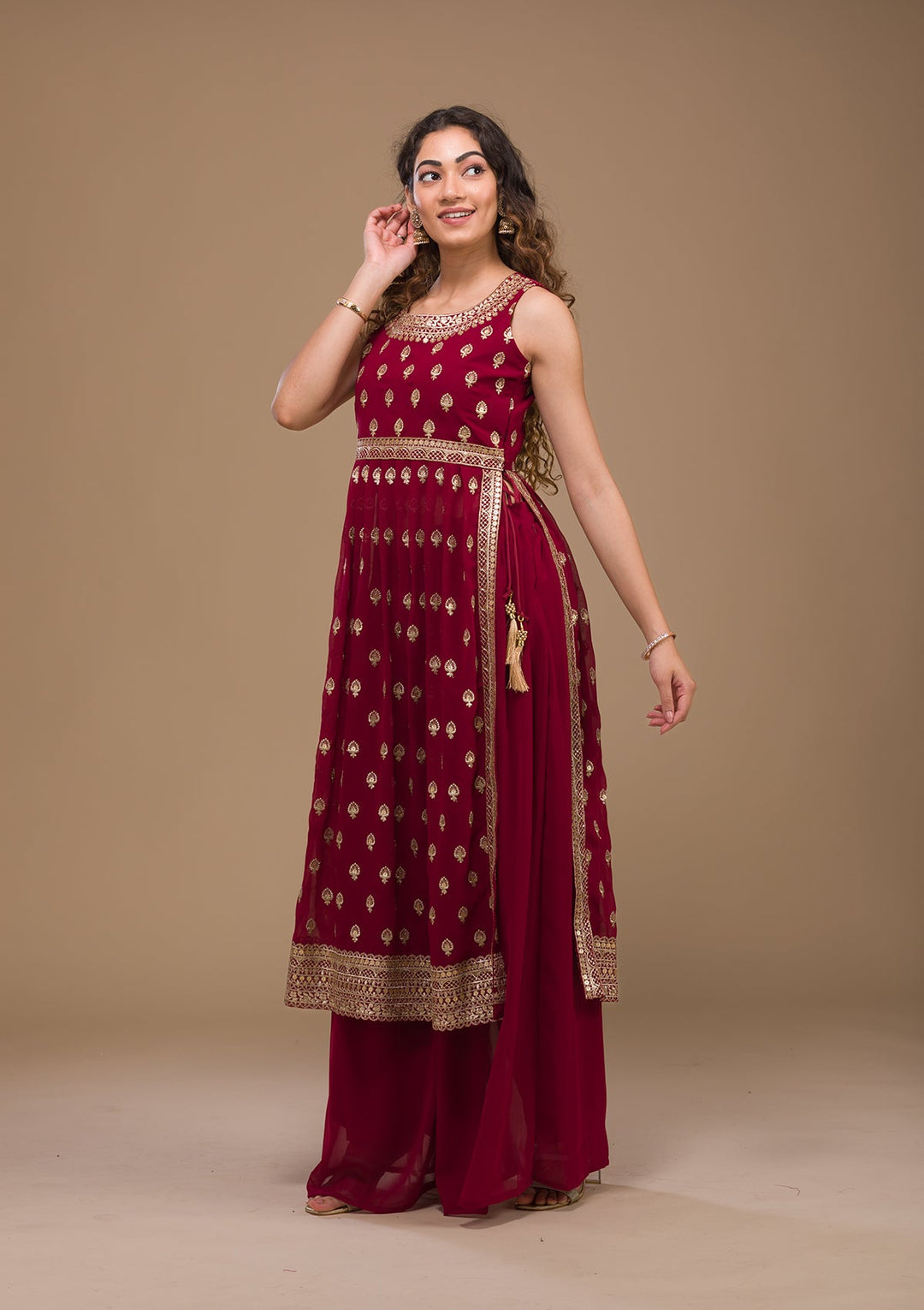 Maroon Zariwork Georgette Readymade Salwar Kameez-Koskii
