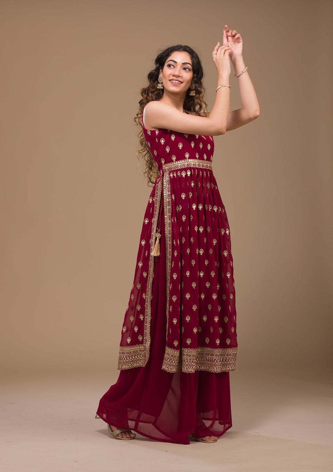 Maroon Zariwork Georgette Readymade Salwar Kameez-Koskii
